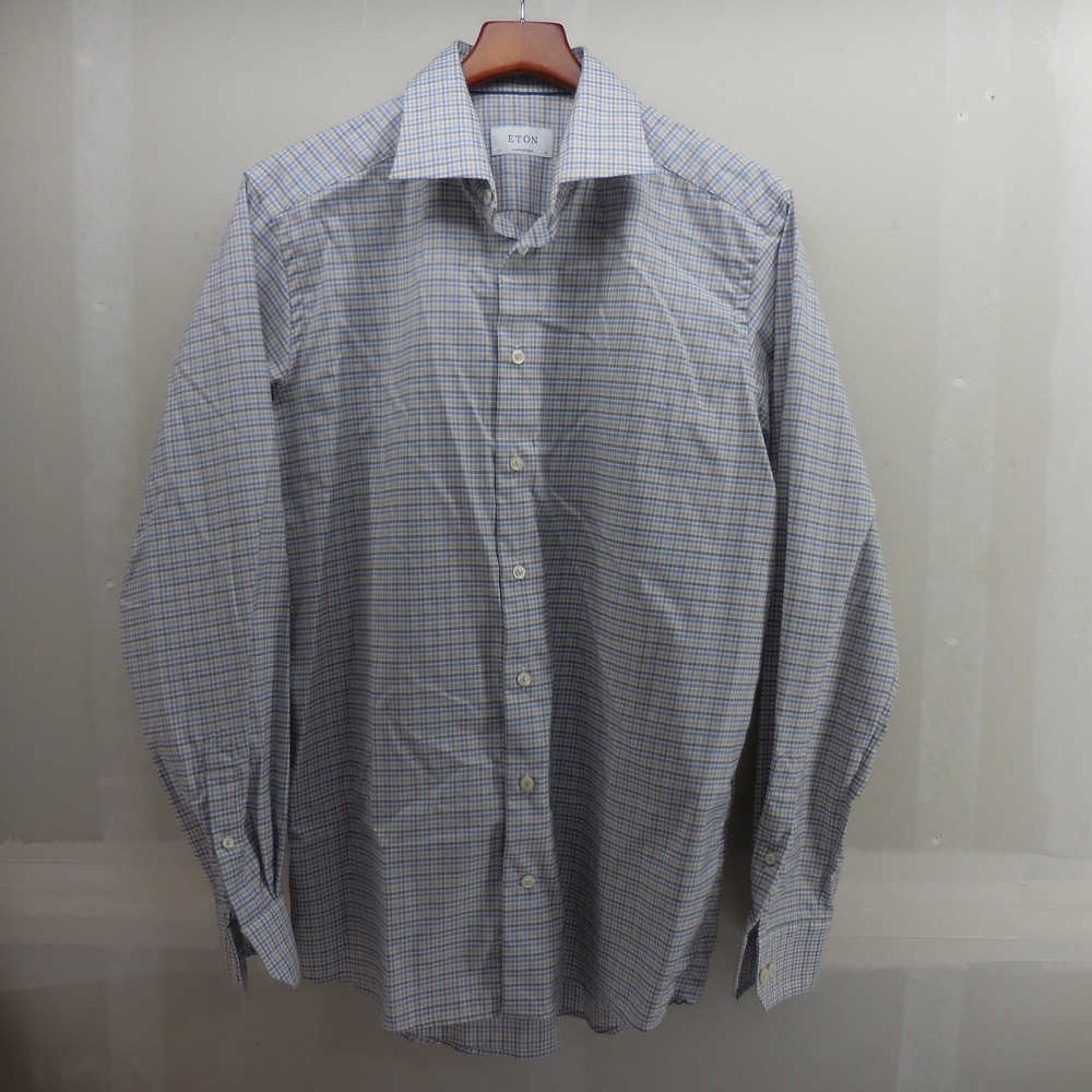 Eton Contemporary Fit Dress Shirt Blue Tan Check Cotton Lyocell Mens 16 41